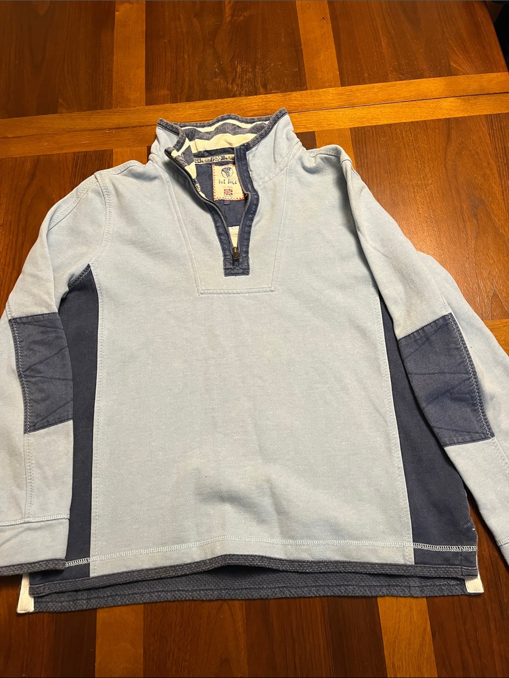 Men's Light Blue and Navy Quarter-Zip Pullover Sweater from Fat Face, large